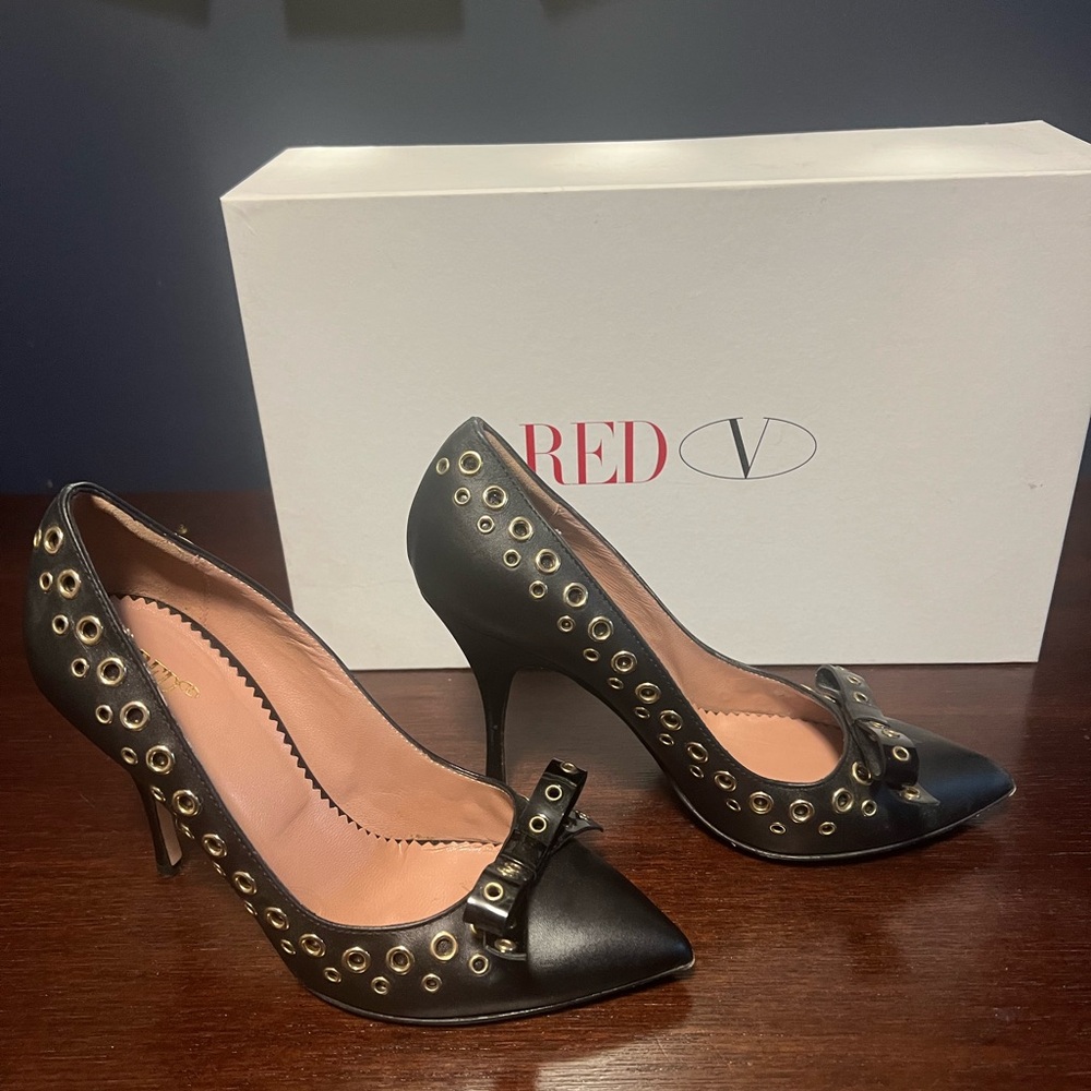 RED Valentino Black Grommet Bow Heels